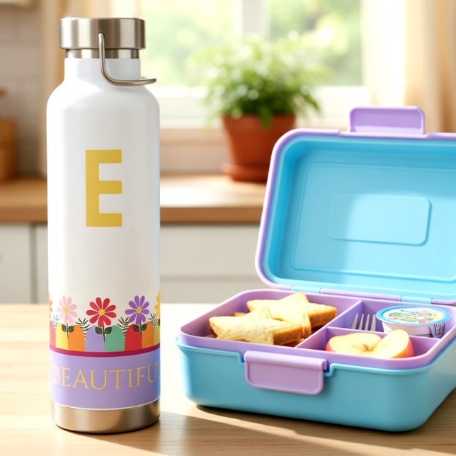 Cute Quote Kids Water Bottle (Beautiful floral bottle keeps drinks fresh. custom initial and quote of your choice.)