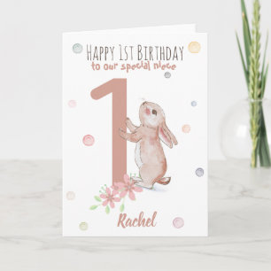 Cute Rabbit 1st Birthday Card For Niece