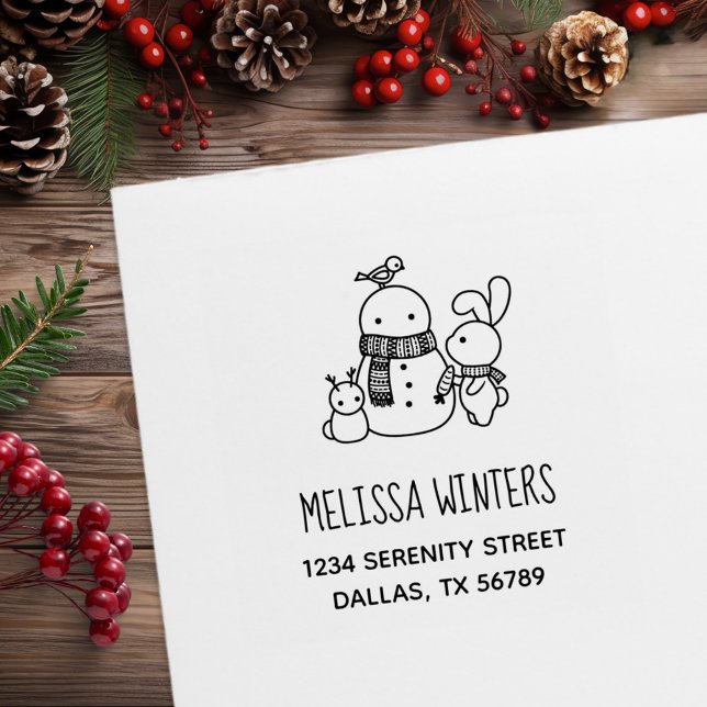 Cute Rabbit Adding Carrot to a Snowman Address Rubber Stamp (Creator Uploaded)