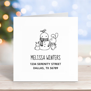 Cute Rabbit Adding Carrot to a Snowman Address Rubber Stamp