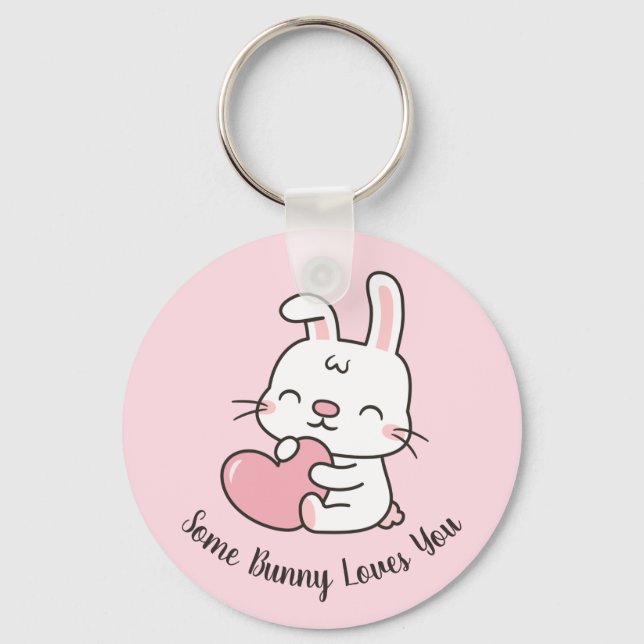 Cute Rabbit,  Amusing Some Bunny Loves You Pun Key Ring (Front)