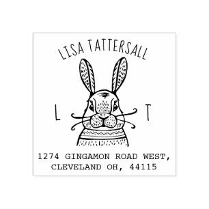 Cute Rabbit Animal Monogram & Name Return Address Rubber Stamp