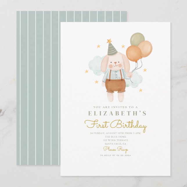 Cute Rabbit Baloon First Birthday 1st Birthday  Invitation (Front/Back)