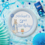 Cute Rabbit Blue 2nd Two Birthday Party Paper Plate<br><div class="desc">Cute Rabbit Blue birthday party personalised paper plate with carrot cakes and balloons. Second birthday party theme.   Blue & white plaid frame with carrot cake and Peter Rabbit graphic.  Personalise with your choice of name.  Perfect for the sweetest bunny birthday party.</div>