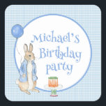 Cute Rabbit Blue Personalised Birthday Party Square Sticker<br><div class="desc">Cute Rabbit Blue birthday party personalised sticker with carrot cakes and balloons. Kids general age birthday party theme. Blue & white plaid frame with carrot cake and Peter Rabbit graphic. Personalise with your choice of name. Perfect for the sweetest bunny birthday party. Use for decorating, envelope invitation seal, gift wrapping...</div>