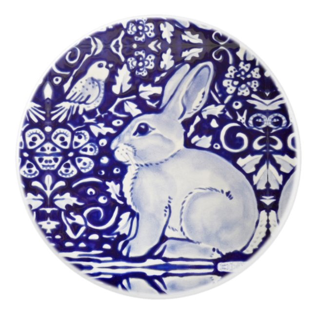 Cute Rabbit Blue White Woodland Animal Dedham   Ceramic Knob (Front)
