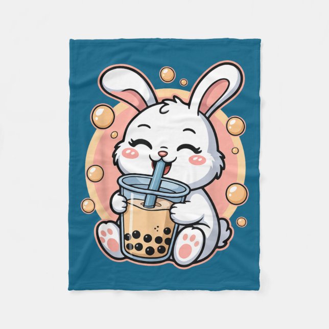 Cute Rabbit Boba Tea Bubble Tea Fleece Blanket (Front)