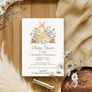 Cute Rabbit Botanical Ribbon Baby Shower Invitation