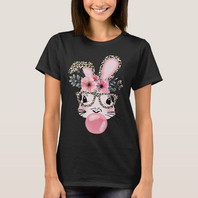 Cute Rabbit Bubble Gum Easter Day Bunny Leopard Gl T-Shirt (Front)