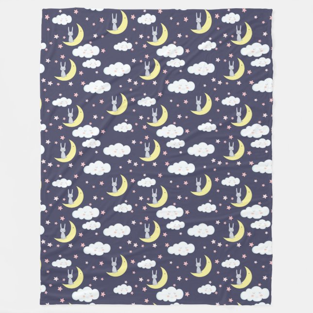 Cute Rabbit Bunnies On Moon With Clouds Pink Stars Fleece Blanket (Front)