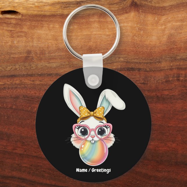 Cute Rabbit Bunny Blowing Bubble Gum  Happy Easter Key Ring (Front)
