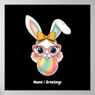 Cute Rabbit Bunny Blowing Bubble Gum Happy Easter Poster