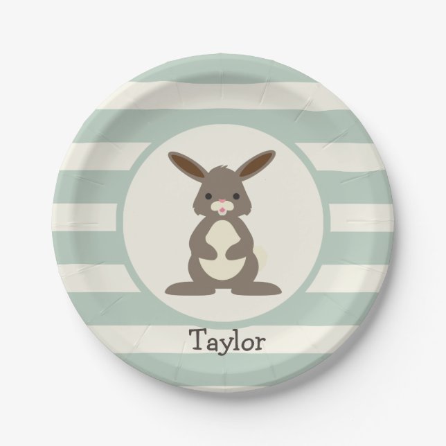 Cute Rabbit, Bunny on Light Sage Green Paper Plate (Front)