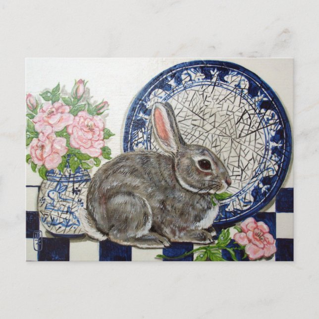 Cute Rabbit Bunny Painting Dedham Plate Floral Art Postcard (Front)