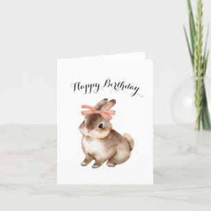 Cute rabbit bunny pink bow Happy Birthday Holiday Card