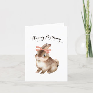 Cute rabbit bunny pink bow Happy Birthday Holiday Card