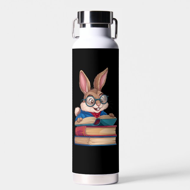 Cute Rabbit Bunny Reading Books Easter Water Bottle (Front)
