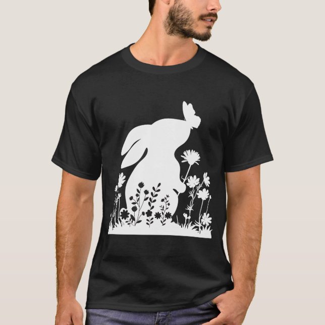 Cute Rabbit Bunny With Flowers Garden Happy Easter T-Shirt (Front)