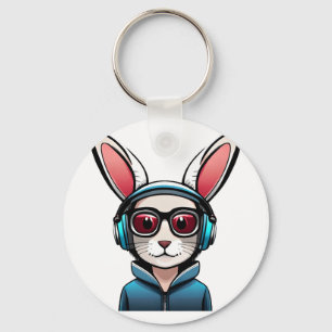 cute rabbit bunny with headphones and sunglasses key ring