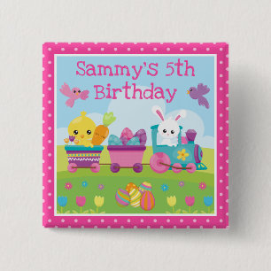 Cute Rabbit, Chick & Chocolate Eggs Train Birthday 15 Cm Square Badge