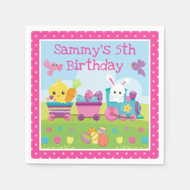 Cute Rabbit, Chick & Chocolate Eggs Train Birthday Napkin (Front)