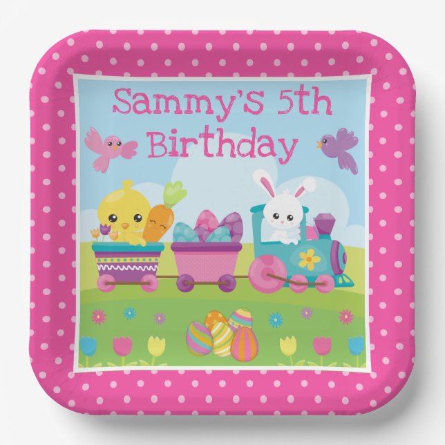 Cute Rabbit, Chick & Chocolate Eggs Train Birthday Paper Plate (Front)