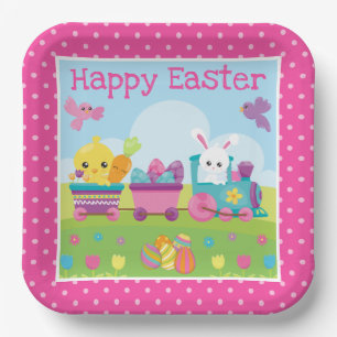 Cute Rabbit, Chick & Chocolate Eggs Train Easter Paper Plate