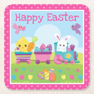 Cute Rabbit, Chick & Chocolate Eggs Train Easter Square Paper Coaster