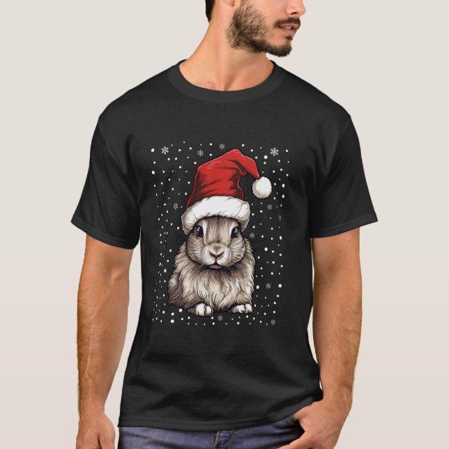 Cute Rabbit Christmas Lights Santa Hat Xmas Pajama T-Shirt (Front)