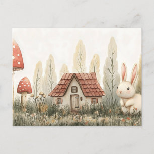 Cute Rabbit, Cottage, Mushrooms Fairy Tale Art Postcard
