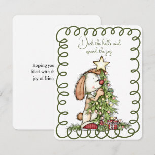 Cute Rabbit Decorating the Christmas Tree Holiday Card