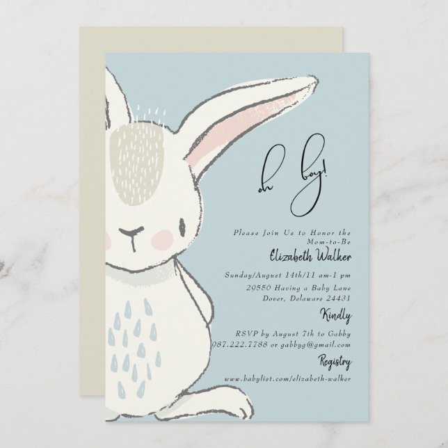 Cute Rabbit Dusty Blue Baby Shower Invitation (Front/Back)