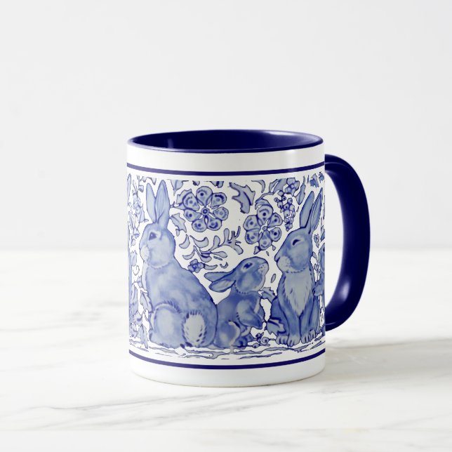 Cute Rabbit Family Blue White Delft Dedham Mug (Front Right)