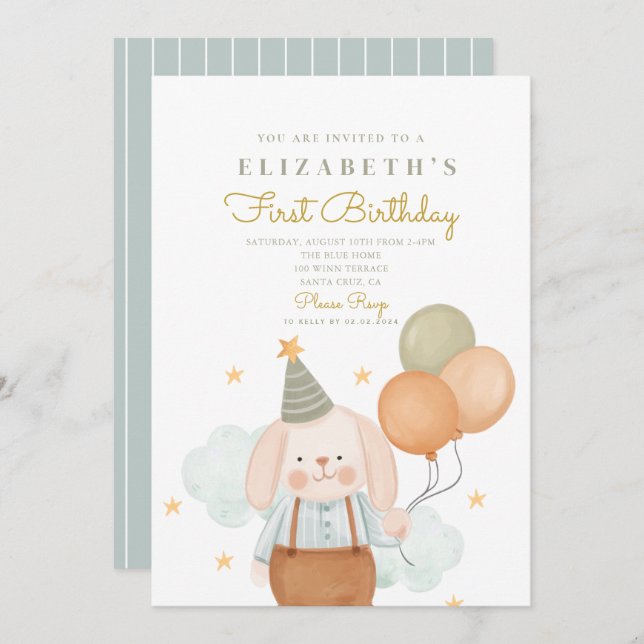 Cute Rabbit First Birthday 1st Birthday Invitation (Front/Back)