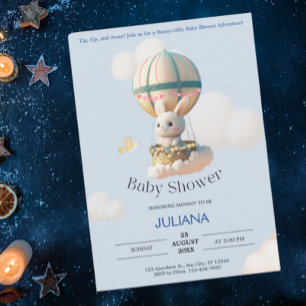 Cute Rabbit in Hot Air Balloon Blue Baby Shower Invitation