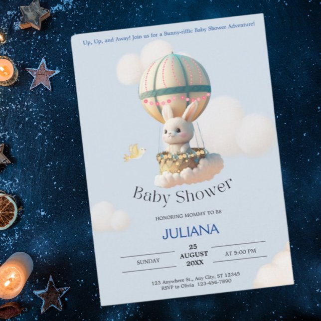 Cute Rabbit in Hot Air Balloon Blue Baby Shower Invitation (Creator Uploaded)