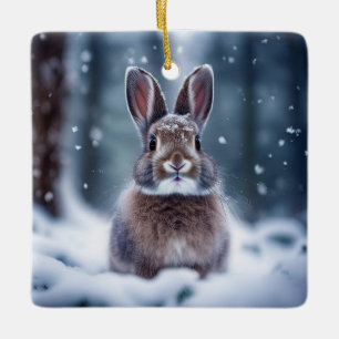 Cute Rabbit In Snow Covered Forest Ceramic Ornam Ornament