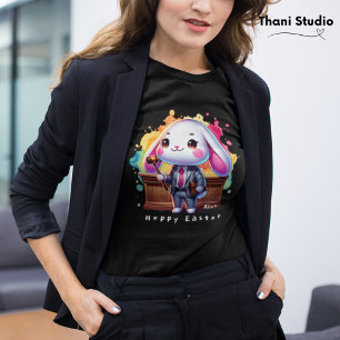 Cute Rabbit Lawyer Hoppy Easter Custom Name Black T-Shirt