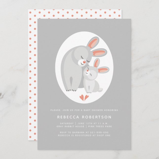 Cute rabbit mother and bunny baby shower invitation (Front/Back)