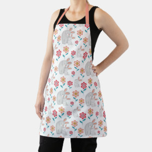 Cute rabbit mother and bunny, flowers pattern apron