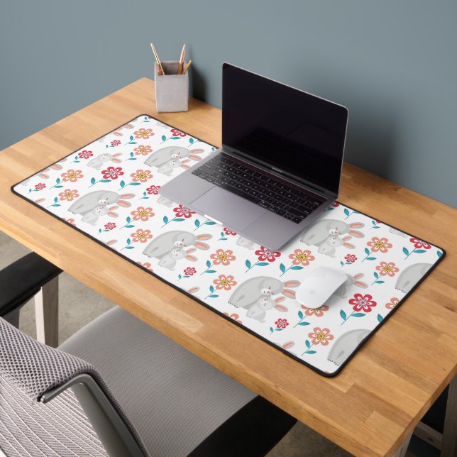Cute rabbit mother and bunny, flowers pattern desk mat (Office 2)