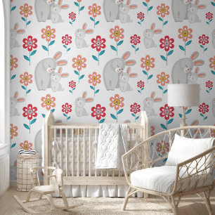Cute rabbit mother and bunny, flowers pattern wallpaper