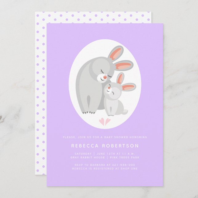 Cute rabbit mother and bunny lavender baby shower invitation (Front/Back)