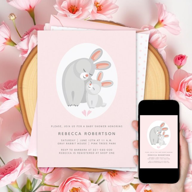 Cute rabbit mother and bunny pink baby girl shower invitation (Creator Uploaded)