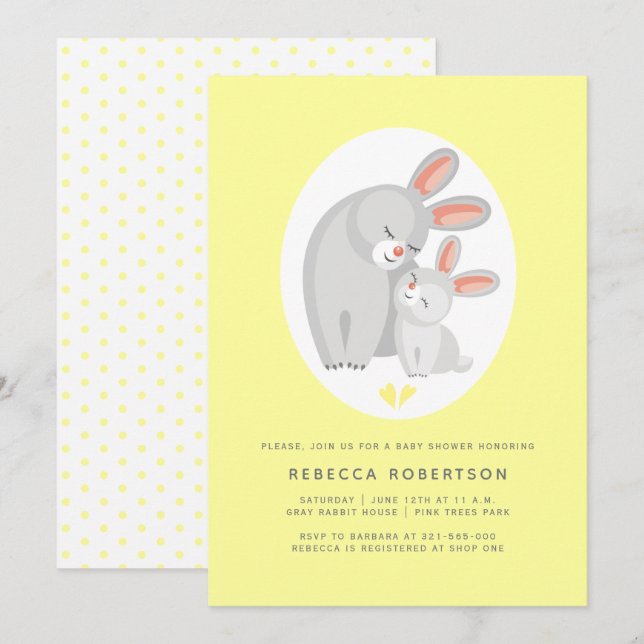 Cute rabbit mother, bunny pale yellow baby shower invitation (Front/Back)