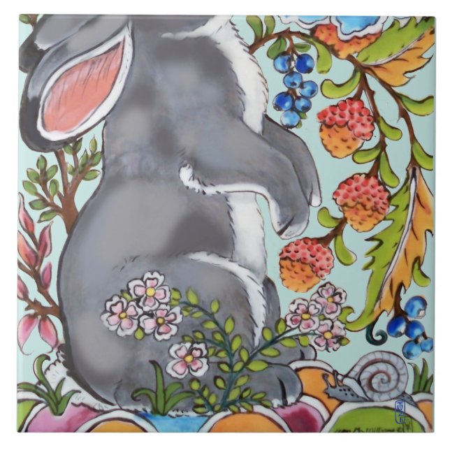 Cute Rabbit Mural Floral Aqua Bkgrd Bottom Half  Ceramic Tile (Front)