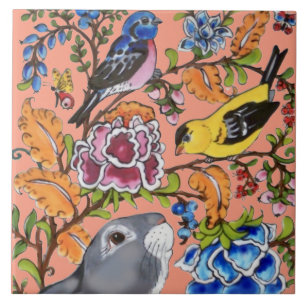 Cute Rabbit Mural Floral Coral Bkgrd Top Half Ceramic Tile