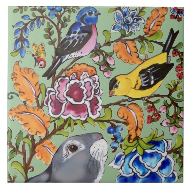 Cute Rabbit Mural Floral Green Bkgrd Top Half Ceramic Tile (Front)
