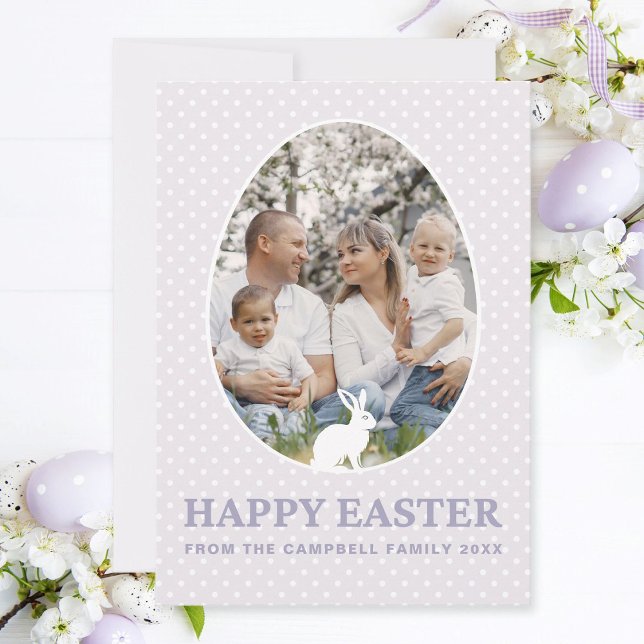 Cute Rabbit Pastel Egg Shape Photo Easter Card (Modern, elegant pastel lavender egg-shaped happy Easter family photo card with cute Easter bunny. )