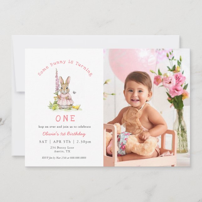 Cute Rabbit Pink Baby Girl 1st birthday Photo Invitation (Front)